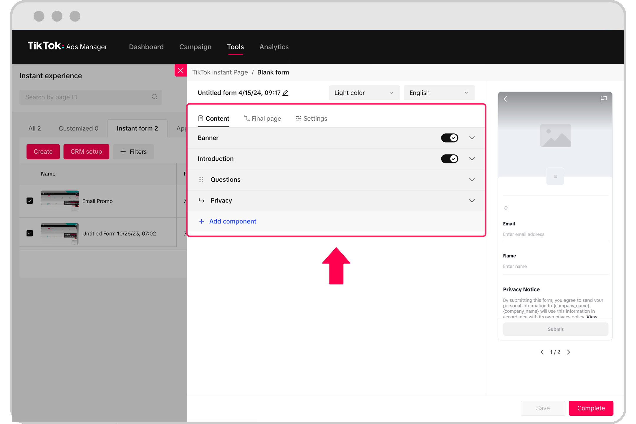 Add Components Instant Form
